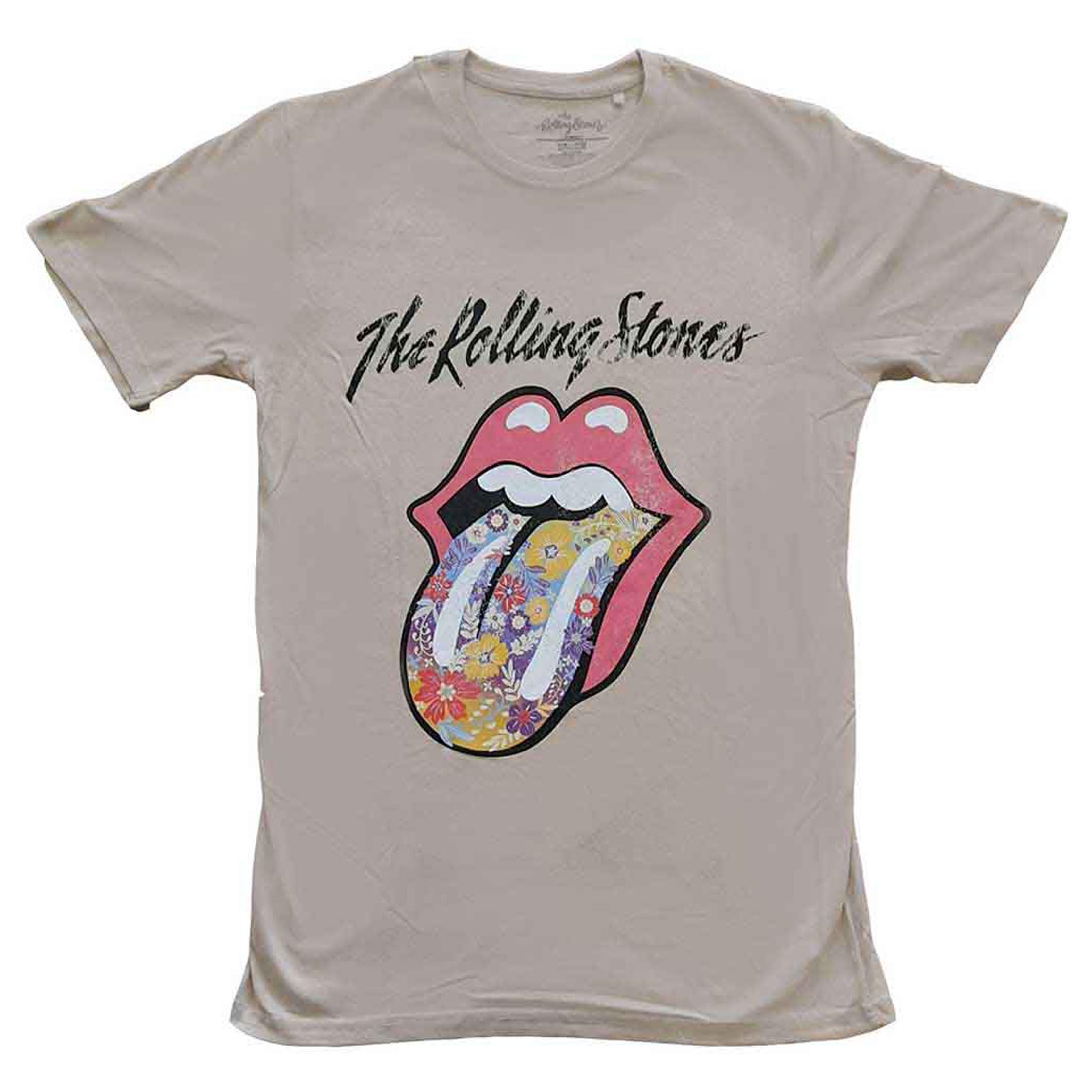 The Rolling Stones T Shirt Flowers Tongue Band Logo Official Mens Sand L