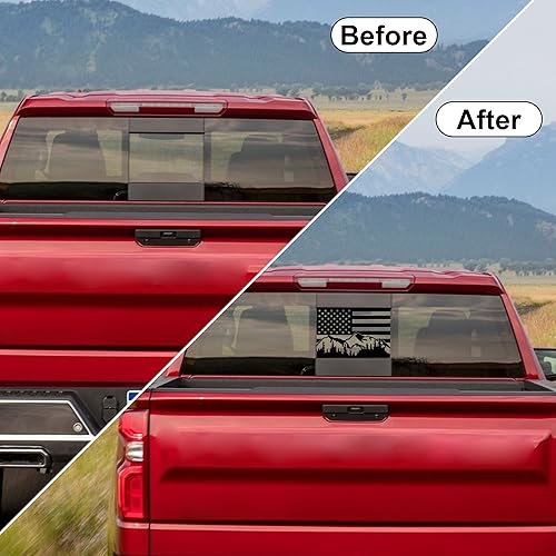 Miniatura 2 de Calcomanía de vinilo para ventana central trasera trasera compatible con Chevy Silverado Sierra 2019-2025 Mountain Scene American Flag (Negro mate)