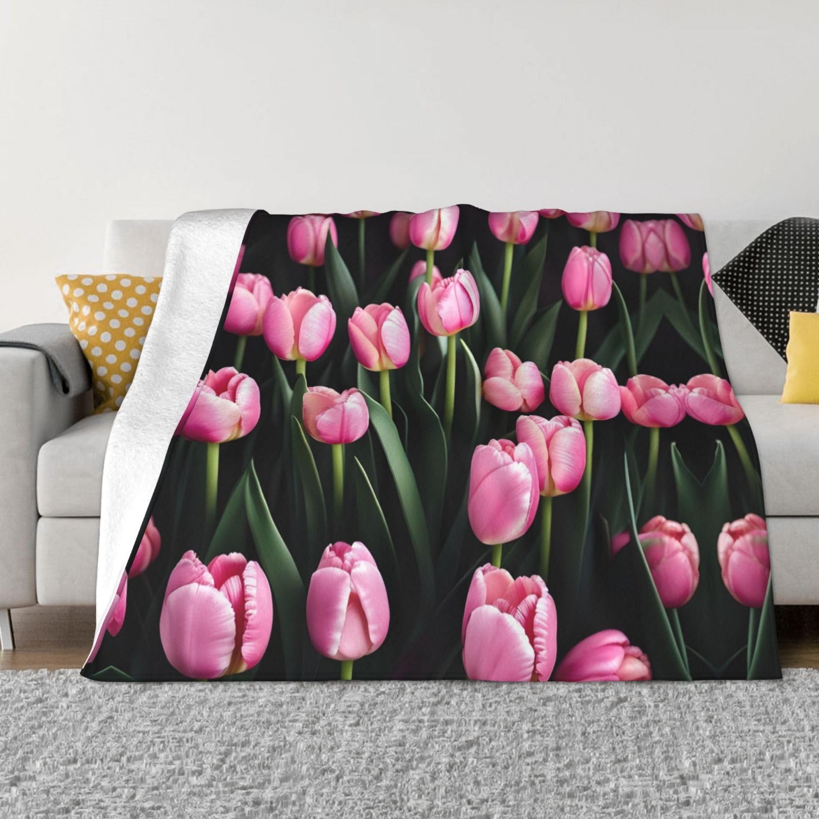 Couverture en flanelle douce rose à tulipes, jeté de lit haut de gamme 127x152 cm
