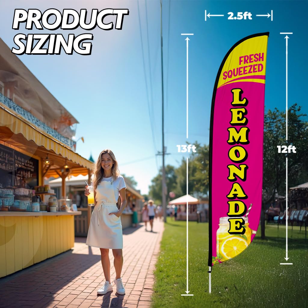 LookOurWay Federflaggenmast-Set – 3,6 m hohes Werbeflaggenbanner mit Fiberglas-Stangen-Set und drehbarem Erdspieß für Geschäftsförderung – Saftflagge – frische gepresste Limonade