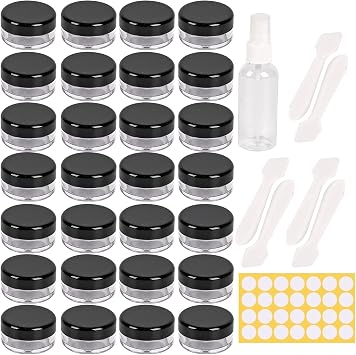 70 Pcs sample pots,5ml with lids cosmetic pot, mini cream empty containers,black small with makeup lip balm jars,for travel face cream, samples, cosmetics empty plastic pot