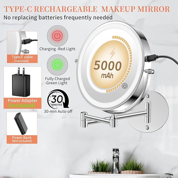 Espejo de Pared FUNTOUCH 5000mAh con Luz, 9" 1X/30X miniatura 2