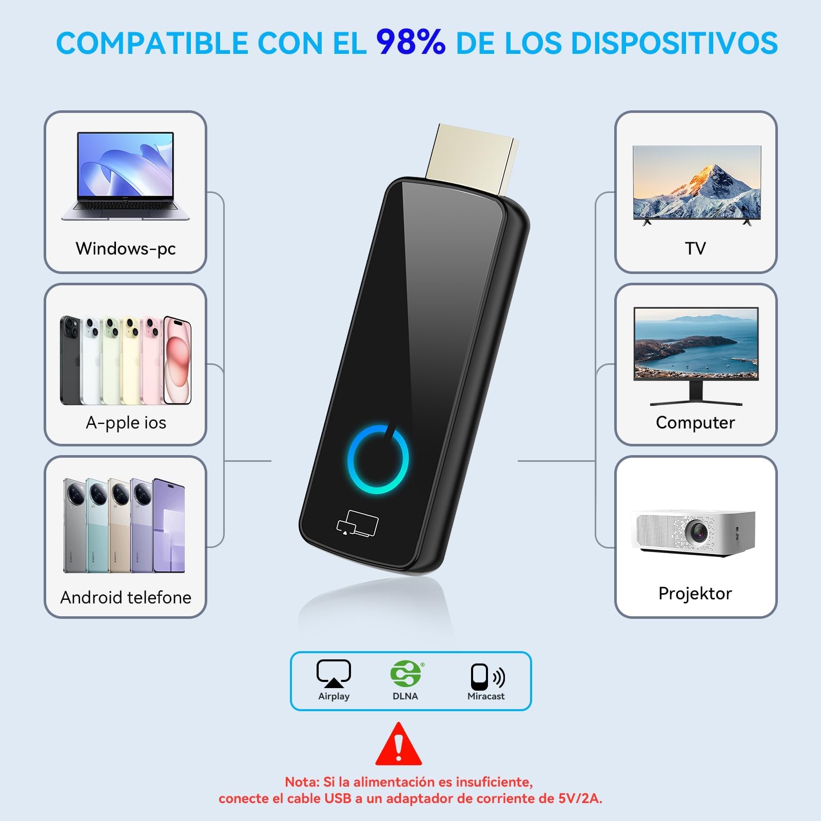 Adaptador HDMI Inalámbrico Tongtion 4K Ultra HD a 30Hz - Miracast, AirPlay, DLNA, Google Casting - WiFi 5 GHz - Plug and Play para Smart TV, Proyector, PC, iPhone y Android