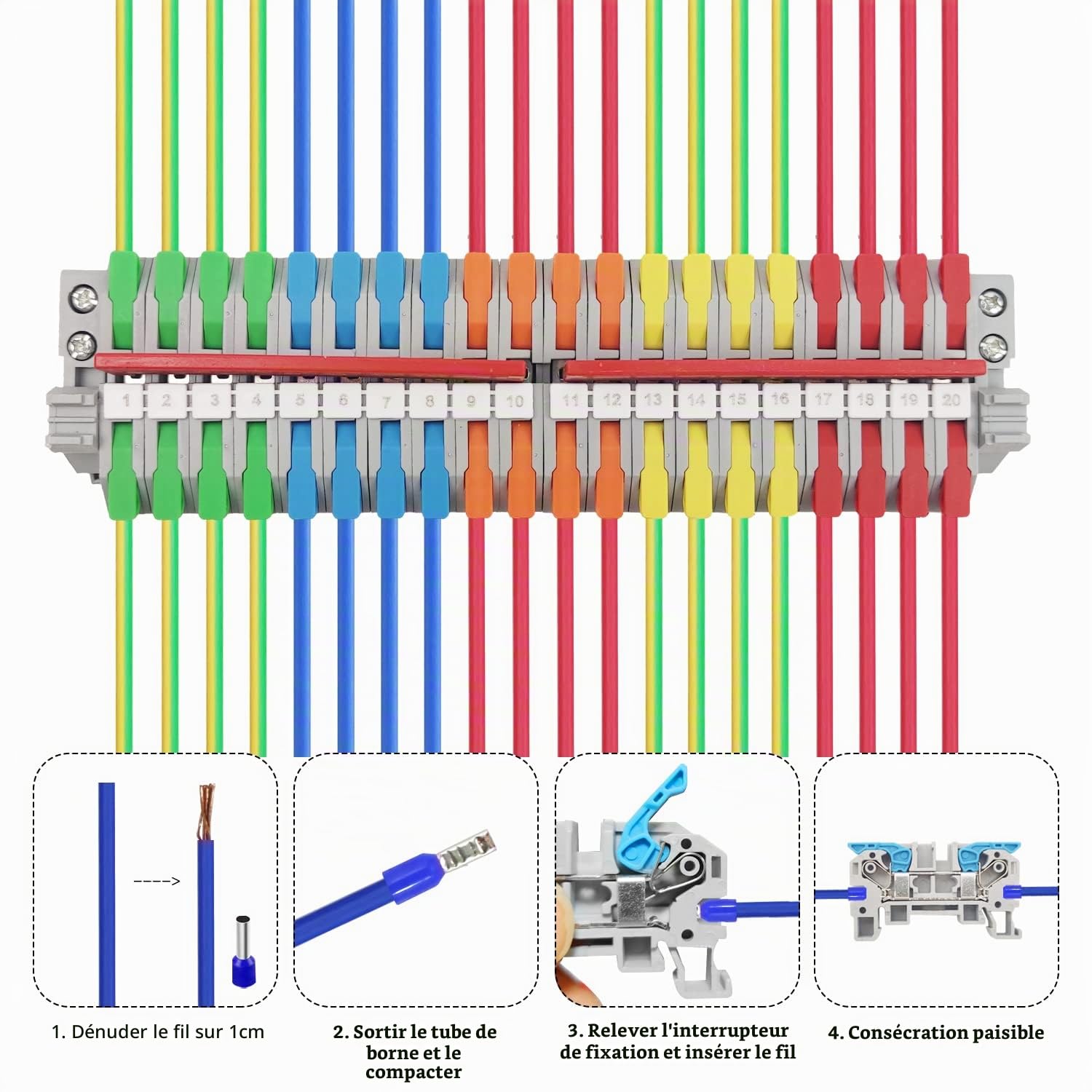 Kit de Bornier de Rail DIN LT-6 de Bornier de Connexion Sur Rail | Connecteur électrique de Universel Bornier Terre bornier electrique Avec Module Fixe Bande de Connexion