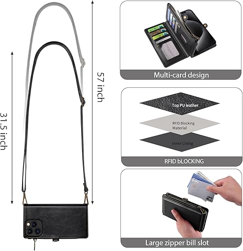 Miniatura 5 de MInCYB Compatible con iPhone 15 Pro Max Crossbody Wallet Case, iPhone 15 Pro Max de piel sintética desmontable con cremallera magnética, con correa
