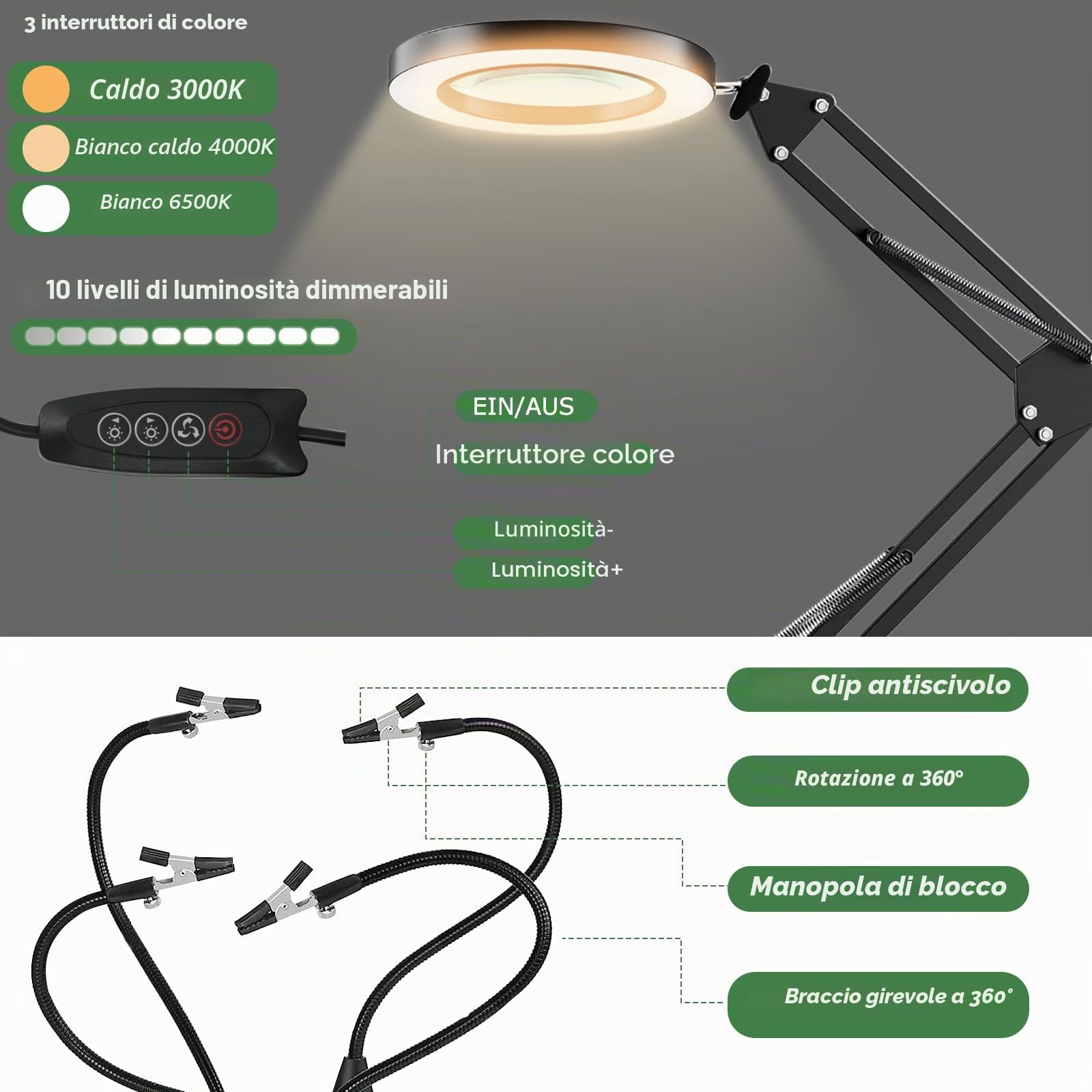 Saldatura terza mano, supporto magnetico per saldatura, mano con 10 x lente d'ingrandimento, stazione di saldatura con 4 colonne PCB, 4 bracci flessibili e 1 braccio di supporto meccanico, aiuto per