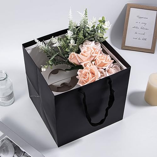 Miniatura 4 de Sdootjewelry Bolsas de regalo negras, paquete de 12 bolsas de papel kraft con asas, bolsas de papel cuadradas de 10 x 10 x 10 pulgadas, bolsas de