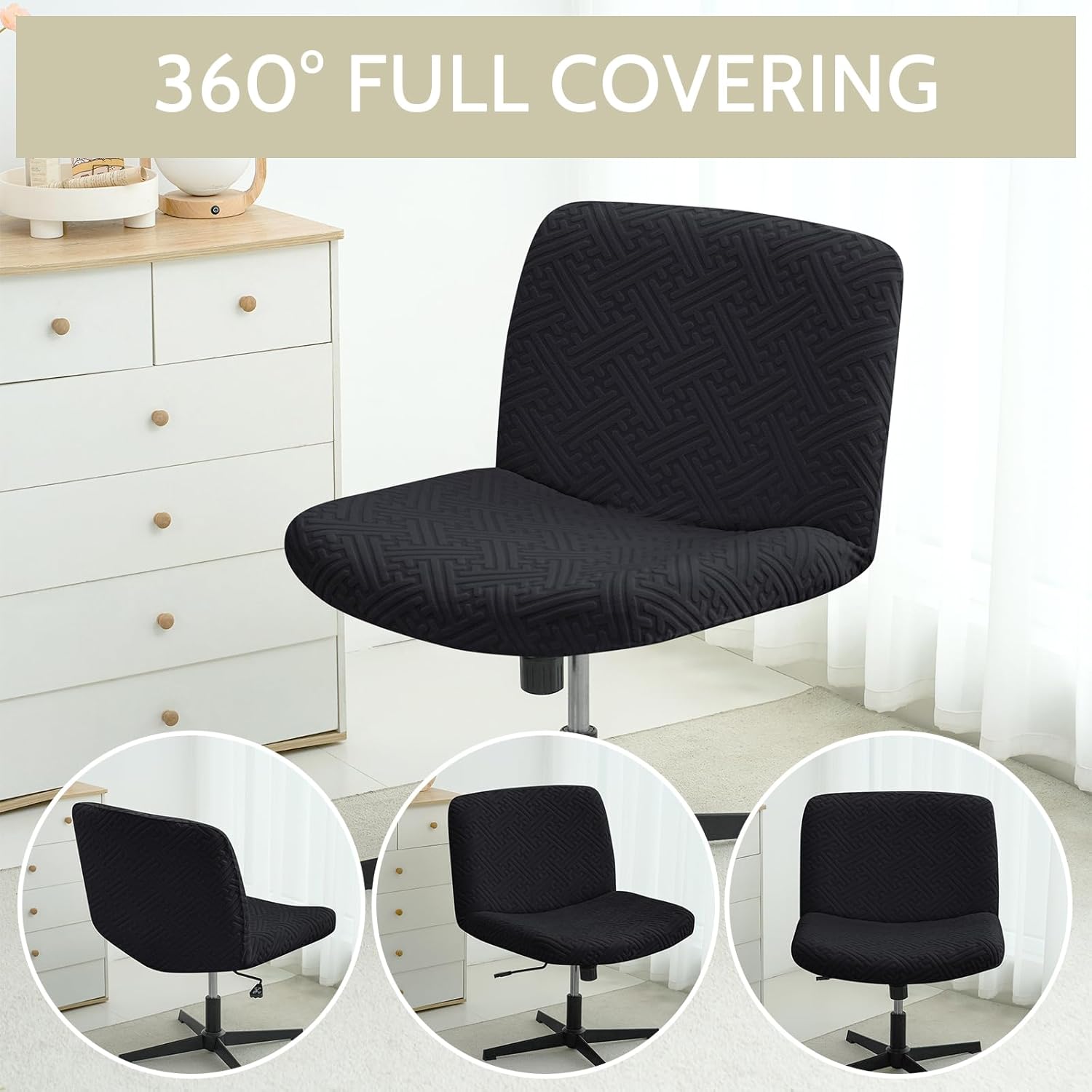 Criss Cross Chair Cover Water Resistant Jacquard Vanity Chair Cover Elastic Mid Back Wide Seat Armless Accent Chair Covers for Home Office Desk Chair(2PCS,Black)