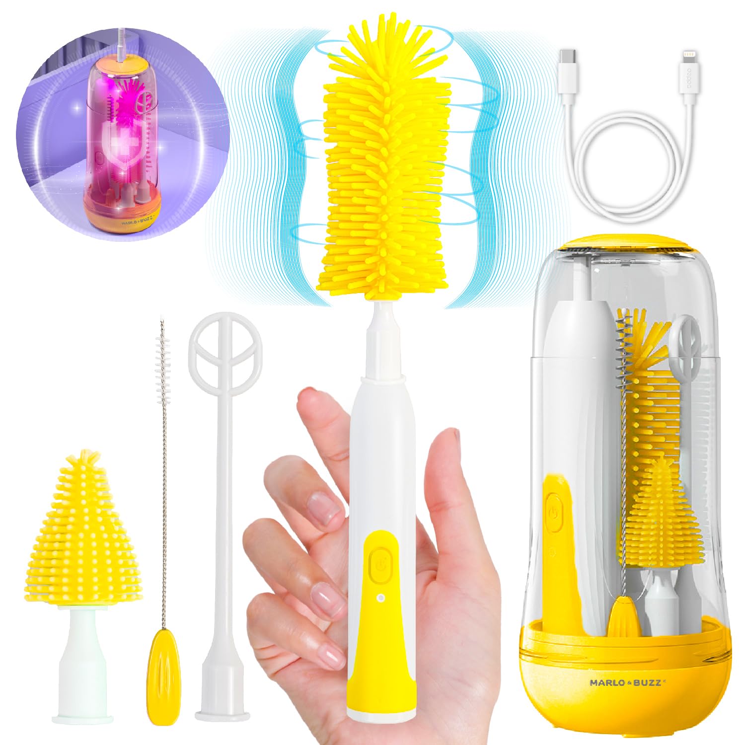 Electric Baby Bottle Brush Cleaner Set, Rechargeable Waterproof Silicone Brushes with Large Bottle Brush, Nipple Brush, Straw Brush, Milk Stirrer, Drying Rack (Yellow)