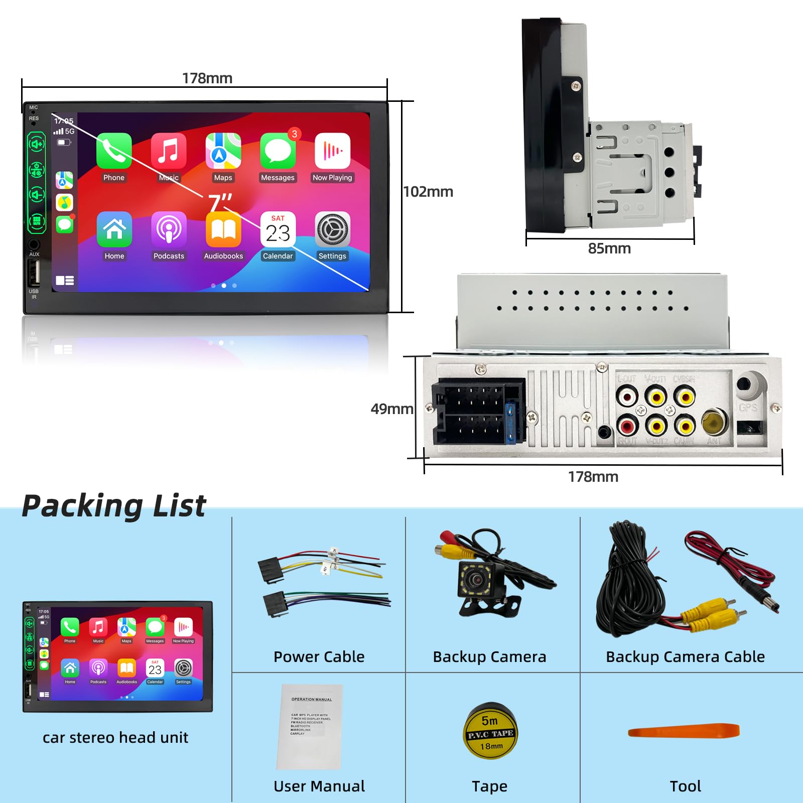 Autoradio 1 DIN con Schermo CarPlay & Android Auto – 7 Pollici Touchscreen Stereo Auto con Schermo, Radio Bluetooth Auto con Mirror Link/USB/FM, Supporta Telecamera Posteriore