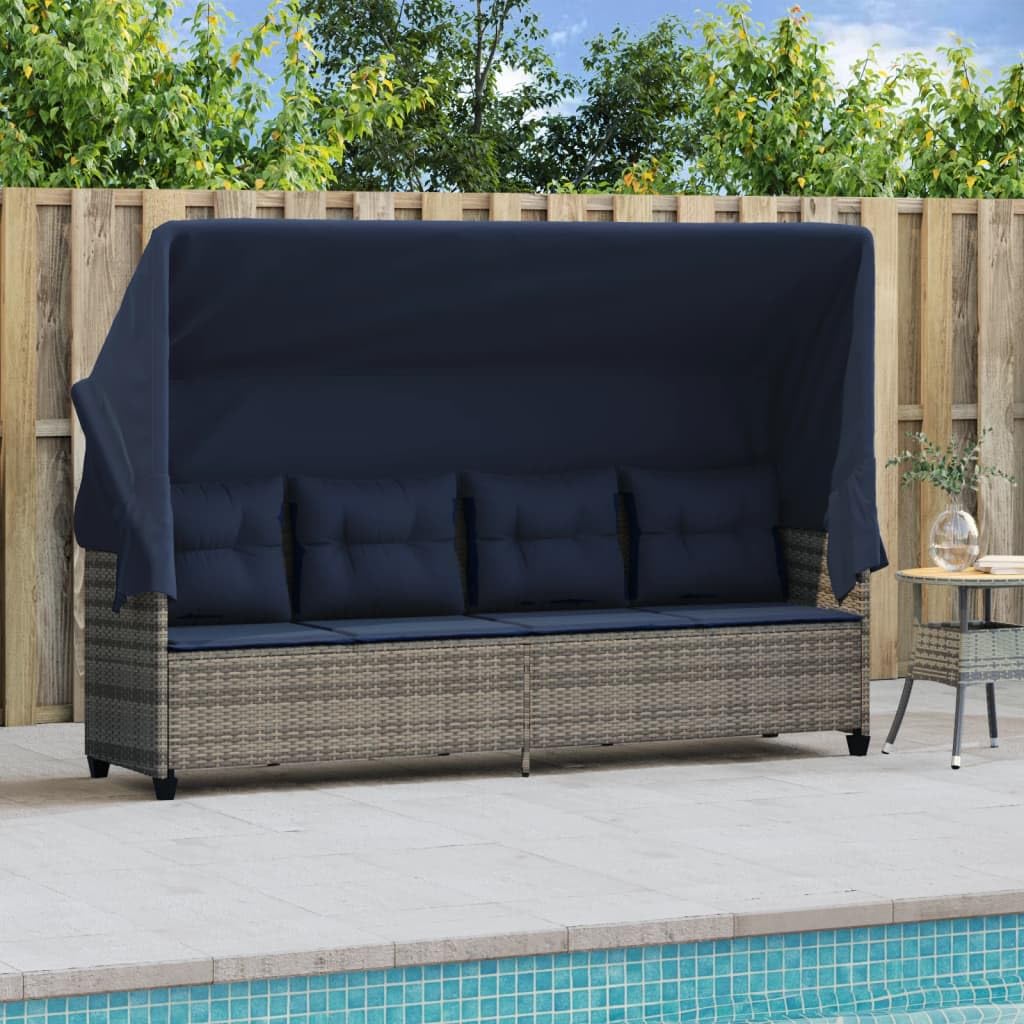 Sonnenliege mit Dach und Kissen Grau Poly Rattan, relaxliege wetterfest gepolstert, verstellbar für Garten Balkon Terrasse Pool, ergonomisch mit armlehne und UV Schutz