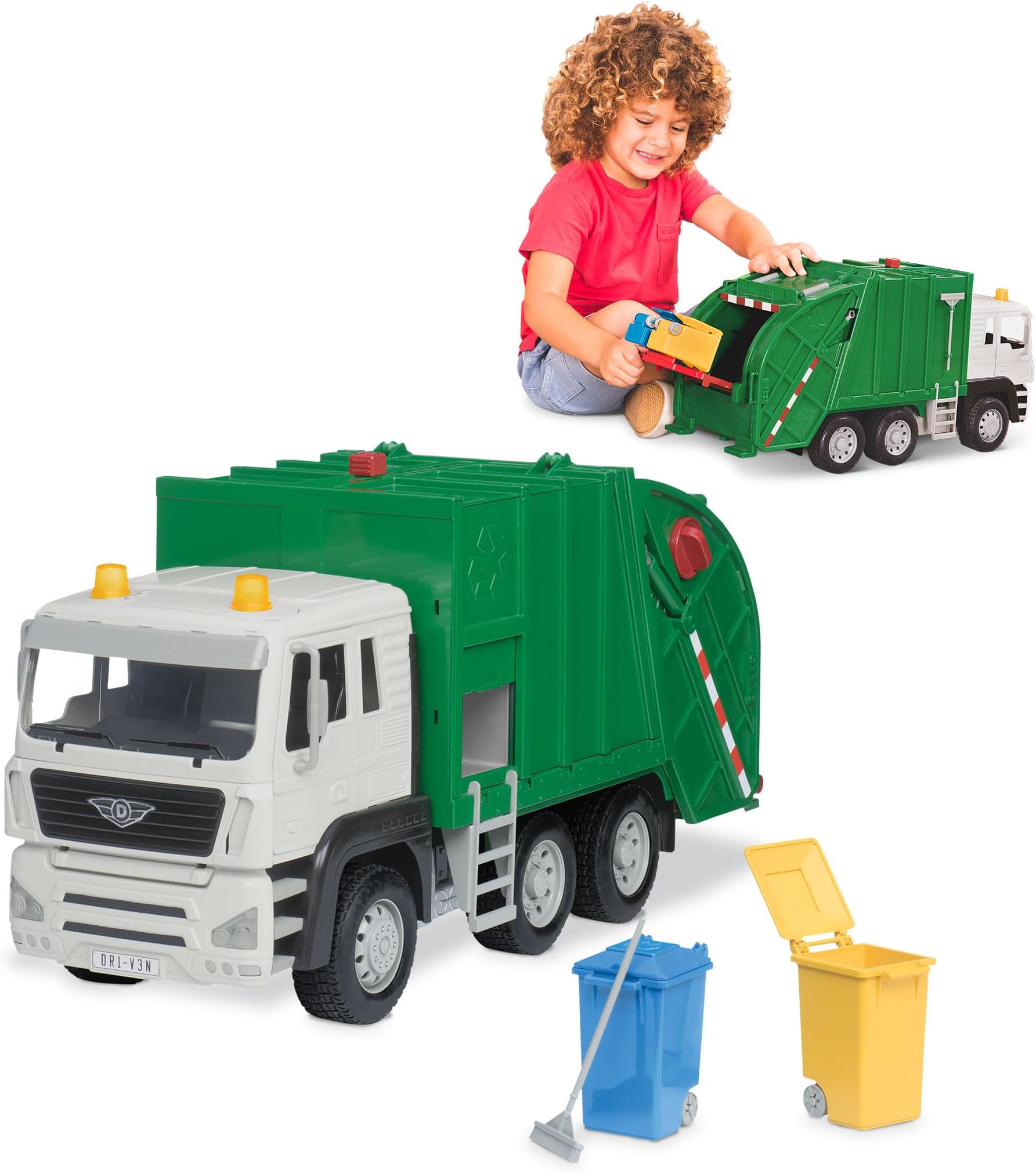Large 18-Inch Green Recycling Truck Toy for Kids – Lights & Sounds, Movable Rear Loader & Bins – City Sanitation Vehicle – 3+ Years