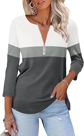 ORANDESIGNE Womens 3/4 Length Sleeve Tops Summer Color Block Zipper T Shirts Casual Ladies Tees