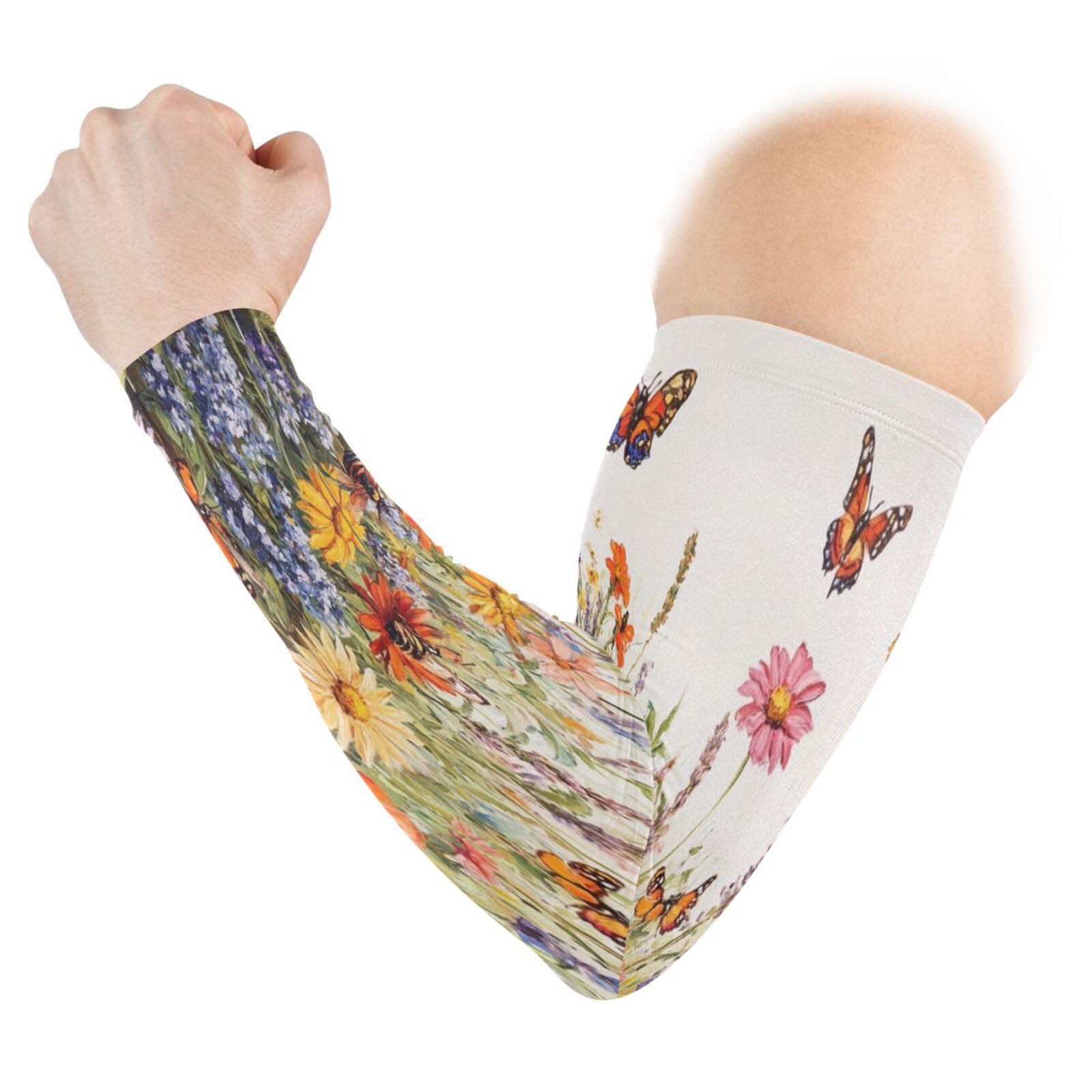 Kigai Butterfly Wildflowers UV Sun Protection Arm Sleeves for Men Women Cooling Compression Sports Arm Sleeves Tattoo Cover Up