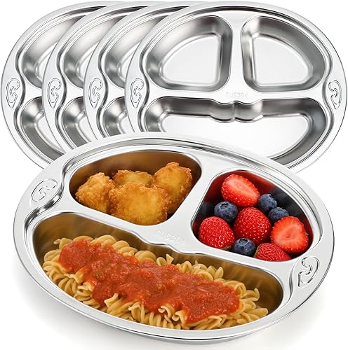 SOUJOY Paquete de 4 platos divididos de acero inoxidable, plato de cena de control de dieta de 3 secciones, bandeja compacta irrompible en forma de