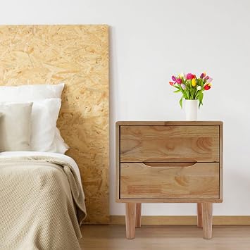 Mid Century Modern Rubber Wood Nightstands, Side Table Bedroom Storage Drawer and Shelf Bedside End Table, Modern Nightstand with 2 Drawer, Wooden Cabinet Organizer for Bedroom