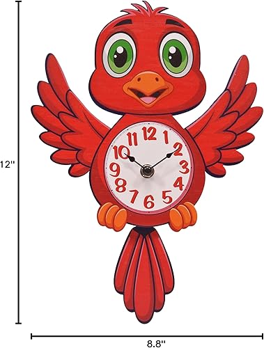 Miniatura 4 de Mark Feldstein & Associates Cardinal Red Bird - Reloj de pared con diseño de péndulo de cola oscilante, 12 pulgadas