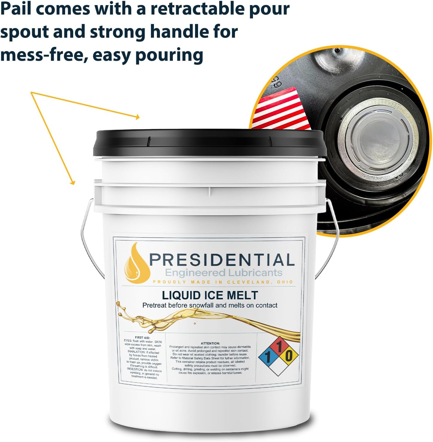 Presidential Liquid Ice Melt - Pre-Treatment & Deicer - Safe On Grass, Plants & Metal - -36°F Freeze Point - Corossion Inhibitor - Made in USA - 45 Lbs in 5 Gallon Pail
