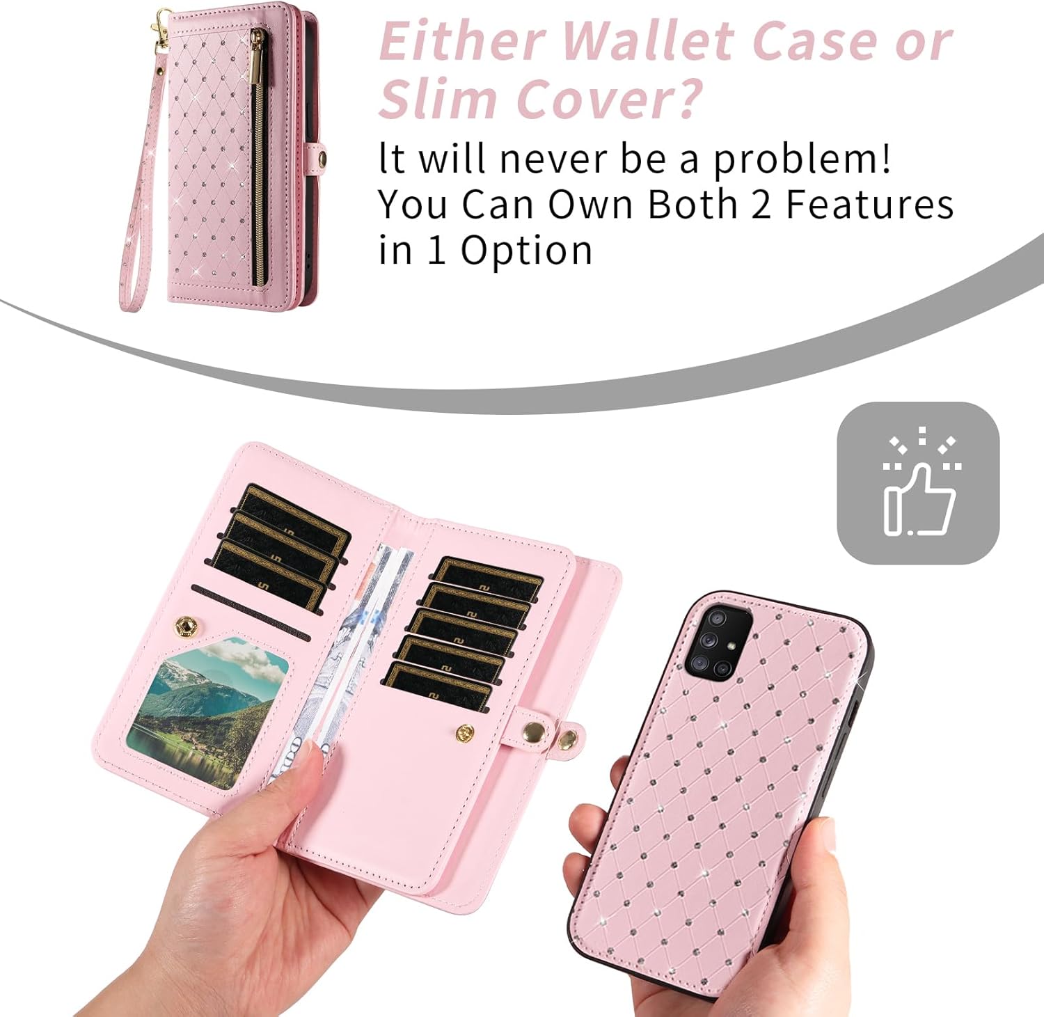 Asuwish Phone Case for Samsung Galaxy A71 5G Zipper Wallet Detachable Magnetic Cell Cover with Tempered Glass Screen Protector Crossbody Strap Bling Flip Credit Card Holder A 71 G5 71A S71 Women Pink