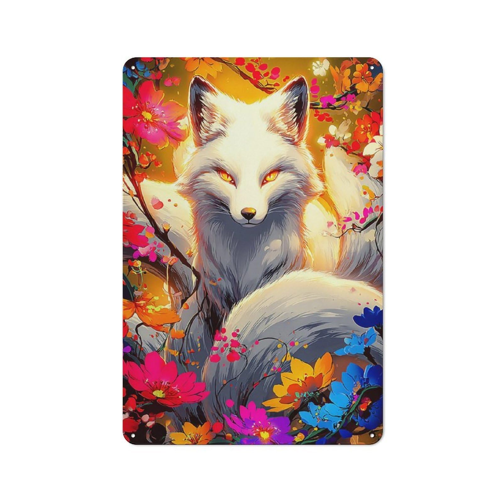 Junmoney Fox Amidst Vibrant Flowers -1 Vintage Metal Plaque 30X20cm For Café Or Restaurant, A Decorative Gift For A Newly Furnished Café And Restaurant