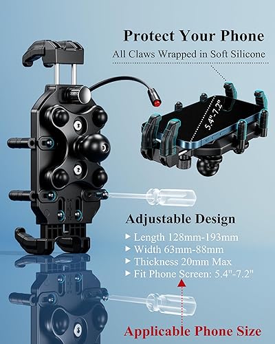 Miniatura 8 de BRCOVAN Soporte de teléfono para motocicleta con cargador inalámbrico Qi de 15 W y puerto de carga rápida PD/USB-C de 30 W, manillar antirrobo con