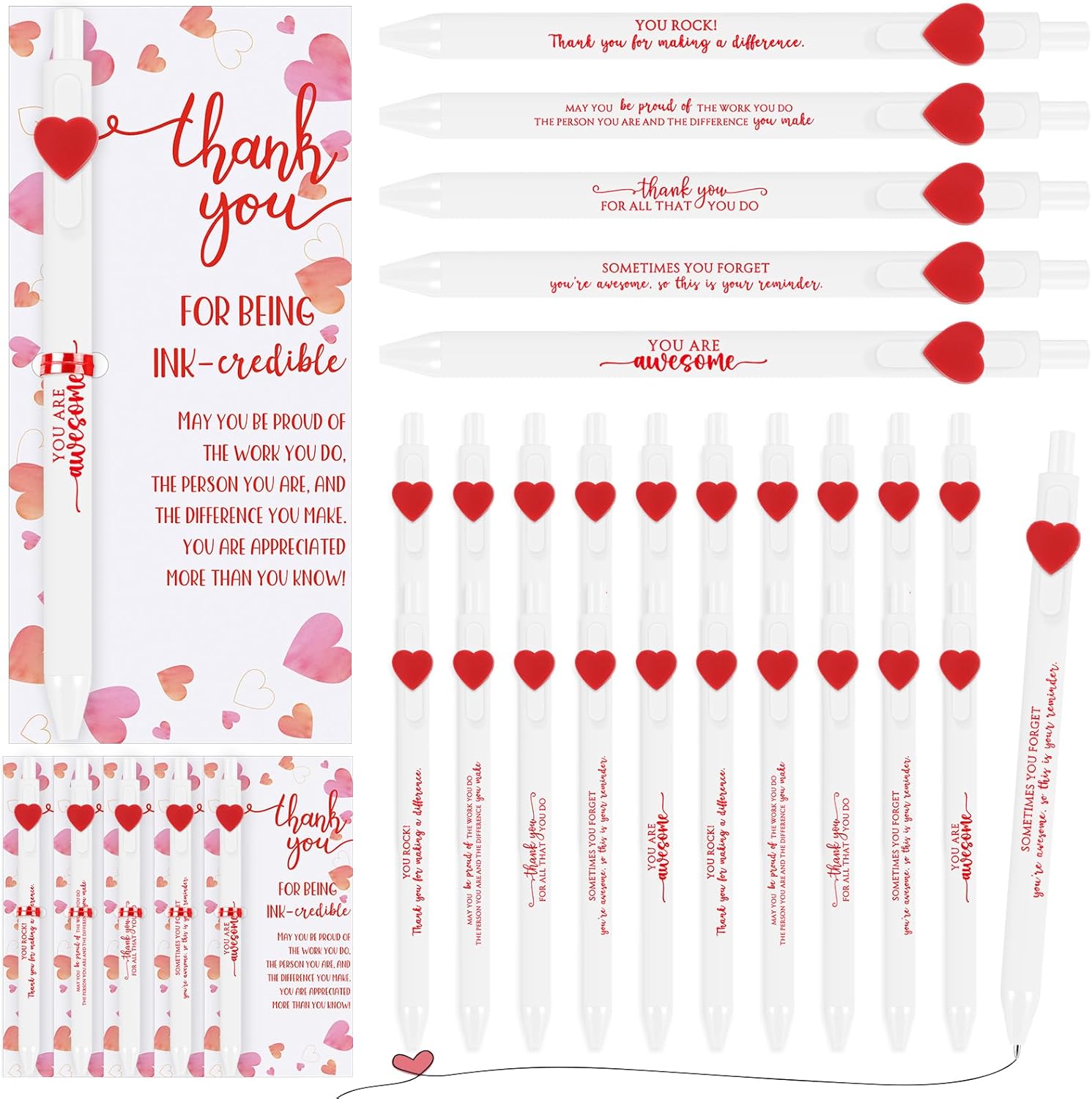 Jetec 20 Sets Valentine's Day Pens Bulk Heart Employee Appreciation Gifts Inspirational Ballpoint Pens and Funny Valentines Cards Thank You Gifts for Coworker Teacher Staff Nurse Office (Motivational)