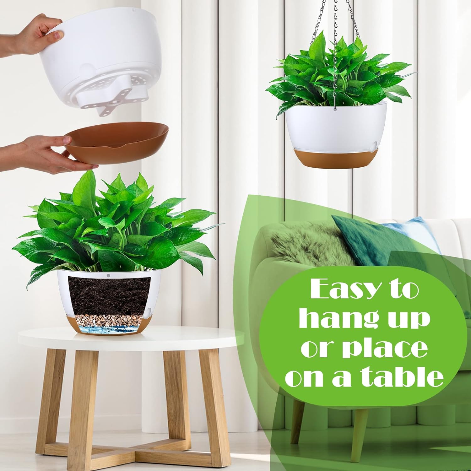 Remerry 6 Pcs 10 Inch Hanging Planter Hanging Plant Pot Plastic Round Hang Baskets for Plants Indoor Flower Pot with Drainage Holes Removable Trays for Garden Home Patio(White)