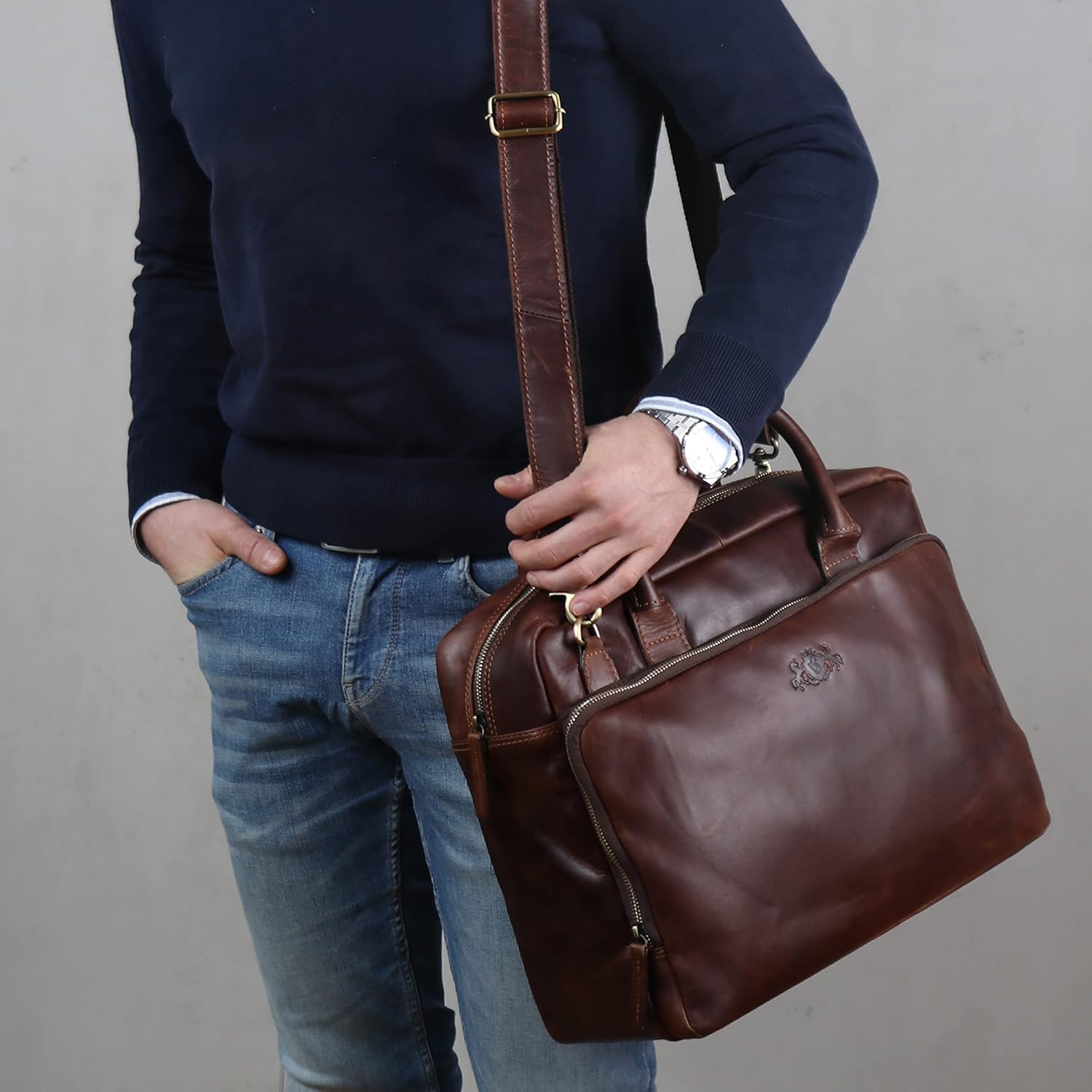 SID & VAIN Laptop Bag Ryan XXL Business Briefcase Real Leather 15,4" Laptop Portable Satchel Leather Bag Women Men Unisex Brown - Image 3