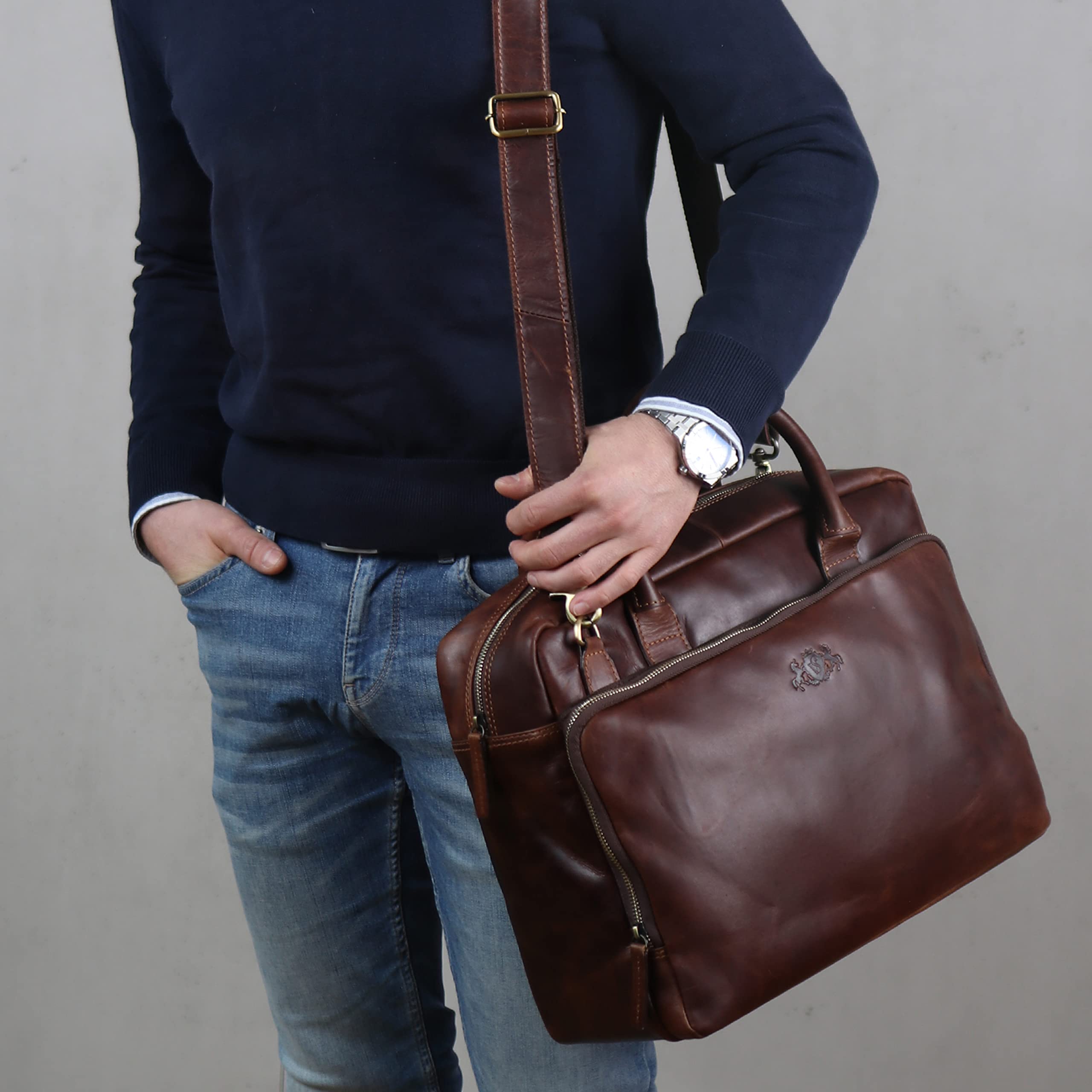 SID & VAIN Sac Ordinateur Portable Cuir véritable 15.4 Pouces Ryan Mallette Professionnelle bandoulière XXL Grand pour Hommes et Femmes Serviette de Travail Etudiante Marron