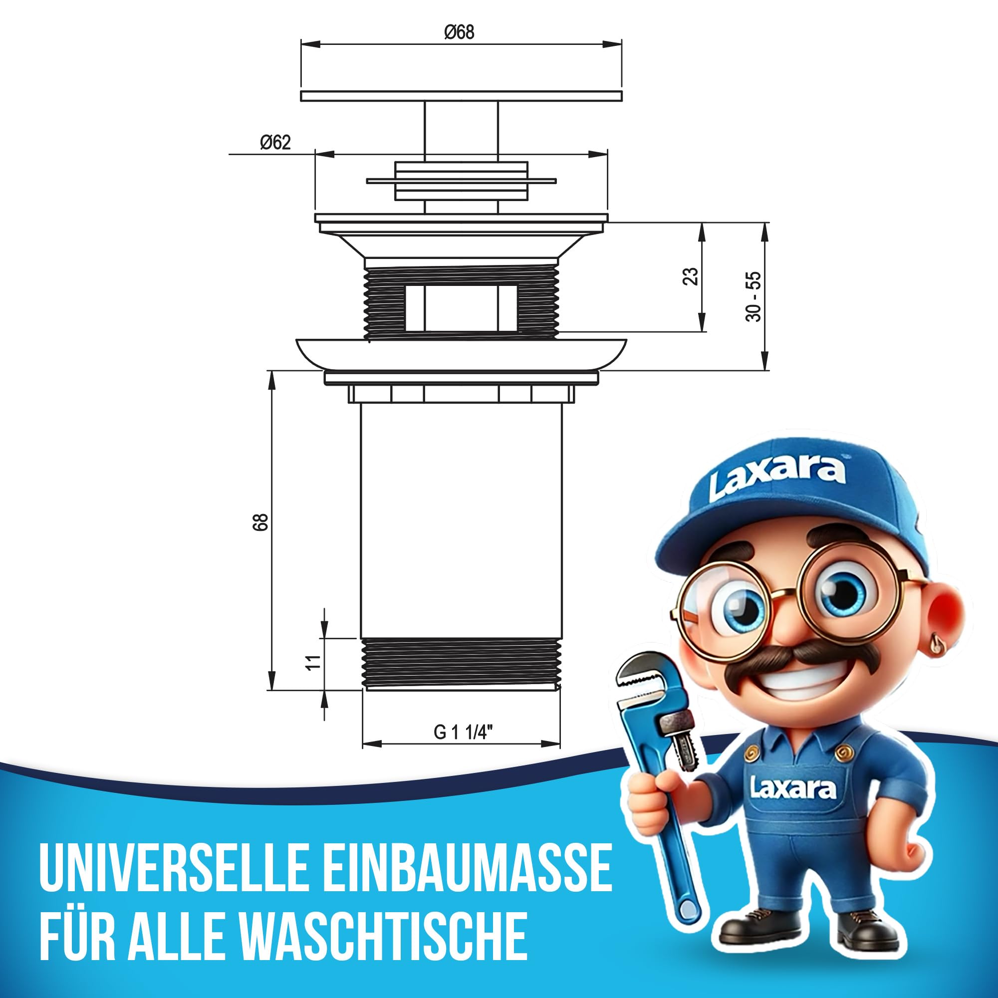 Ablaufgarnitur für Waschbecken mit und ohne Überlauf + Teleskop Siphon für platzsparendes Waschbecken | Click-Clack Ventil mit extra großem 68 mm Durchmesser | Pop Up Ablaufventil | Schwarz+Siphon