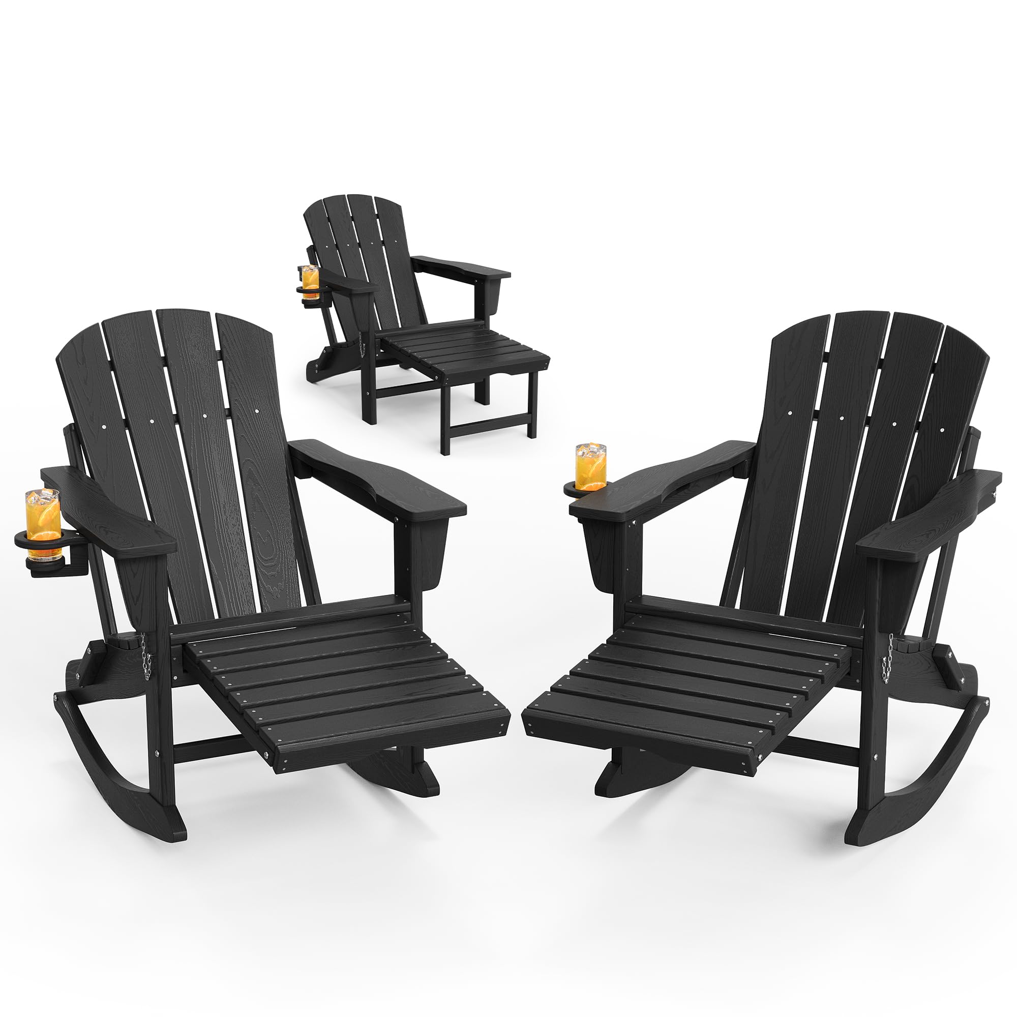 Photo 1 of Folding Adirondack Rocking Chair Set of 2 with Retractable Ottoman, All-Weather HDPE Outdoor Rocking Chair, Wooden Textured with Cup Holder for patios, Decks, Gardens, fire pits, Black