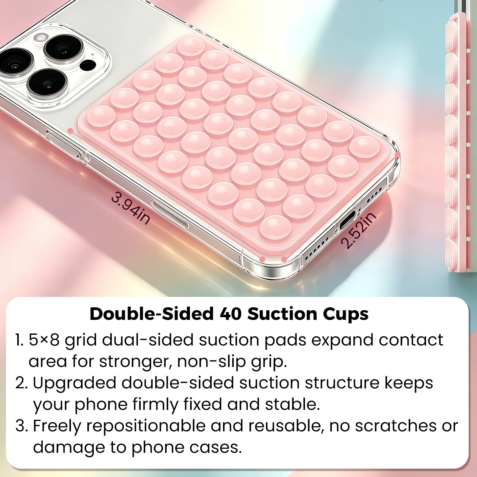 Anteel 2026 - Paquete de 2 fundas de silicona con ventosa de doble cara, accesorios antideslizantes para teléfono, soporte de silicona de agarre fuerte manos libres para selfies y videos (tiza rosa y