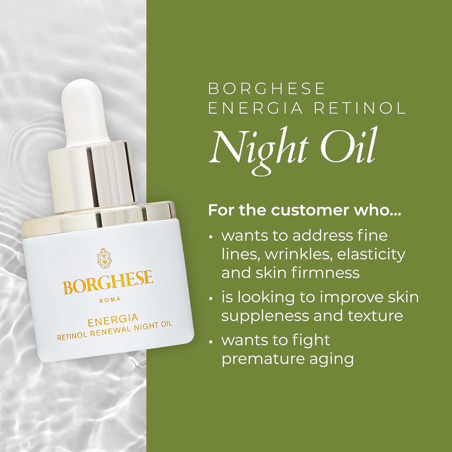 Borghese ENERGIA Retinol Renewal Night Oil - Granactive Retinoid 1% Face Oil for Anti-Aging & Skin Texture with Sea Buckthorn Oil, for All Skin Types