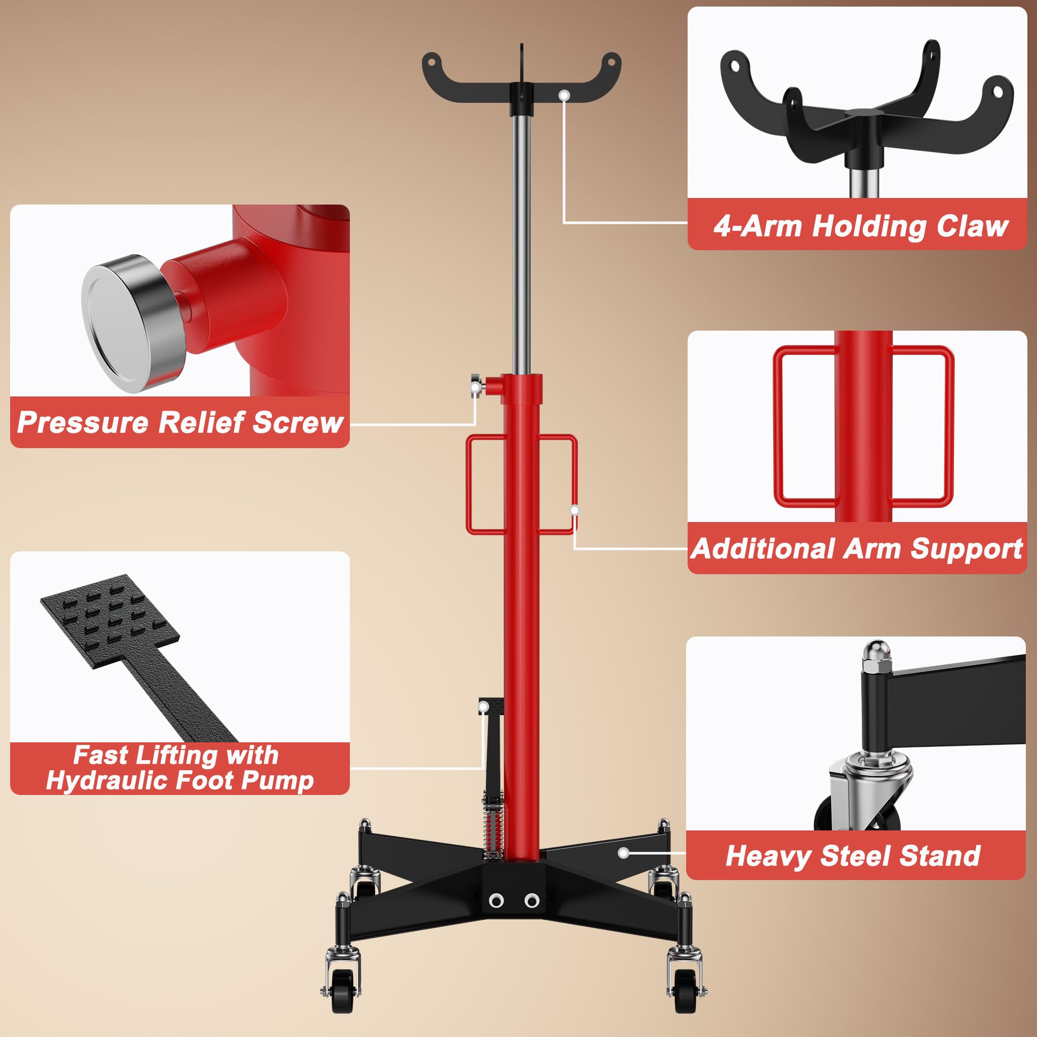 UISEBRT Mobiler Getriebeheber hydraulisch mit 500 kg Hubkapazität,Arbeitshöhe 111.5-190 cm,stufenlos regulierbar Wagenheber,Motorheber mit Fußpedal und 360° Lenkrollen,Hebezeug für KFZ und LKW