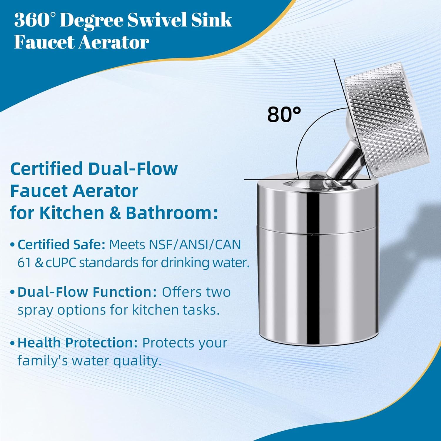 Hibbent NSF/ANSI/CAN 61 Certified Dual-function Faucet Aerator, CUPC Certification Big Angle Rotate Kitchen Sink Aerator 360 Degree Swivel Sink Sprayer Attachment-55/64 Inch Female Thread-Chrome