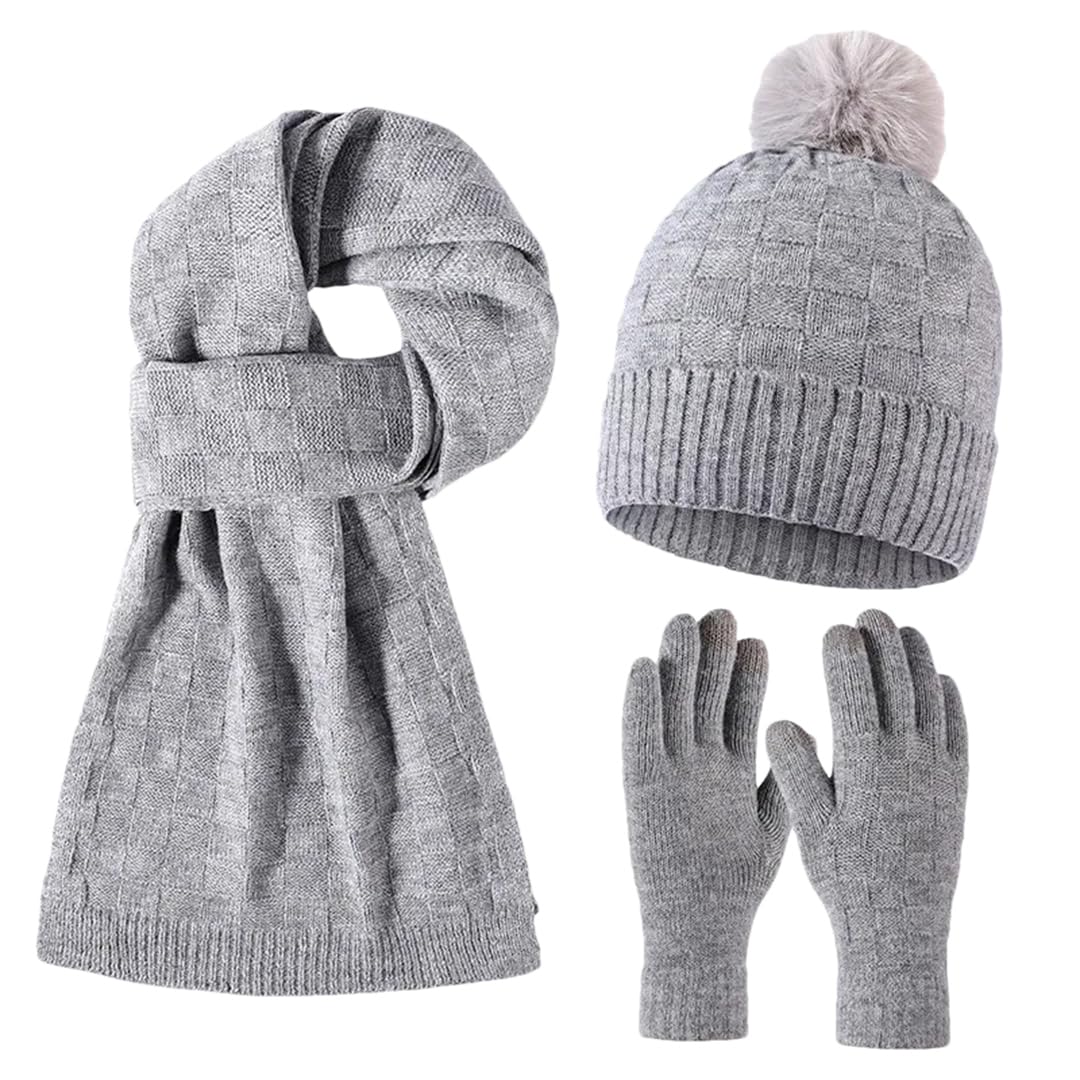 Pohullan Juego de gorro, bufanda y guantes de lana, gorro de terciopelo para mujer, bufanda de punto de forro polar, guantes y gorros