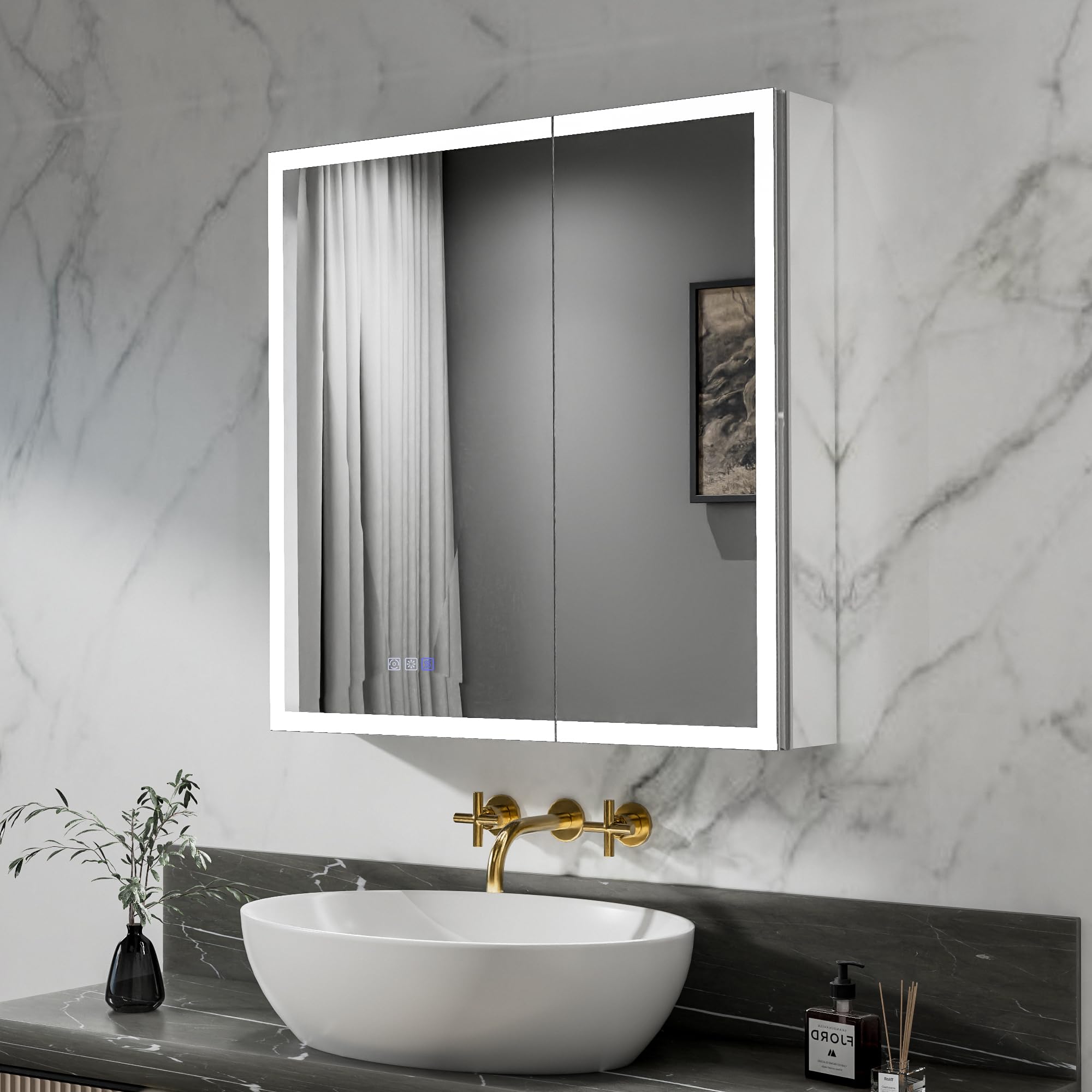 30" x 30" Double Doors Lighted Medicine Cabinet, DTC Soft-Close Hinges, Adjustable Glass Shelf, Hidden Handle, Dual LED (CRI＞90), 60-Min Auto Defogger