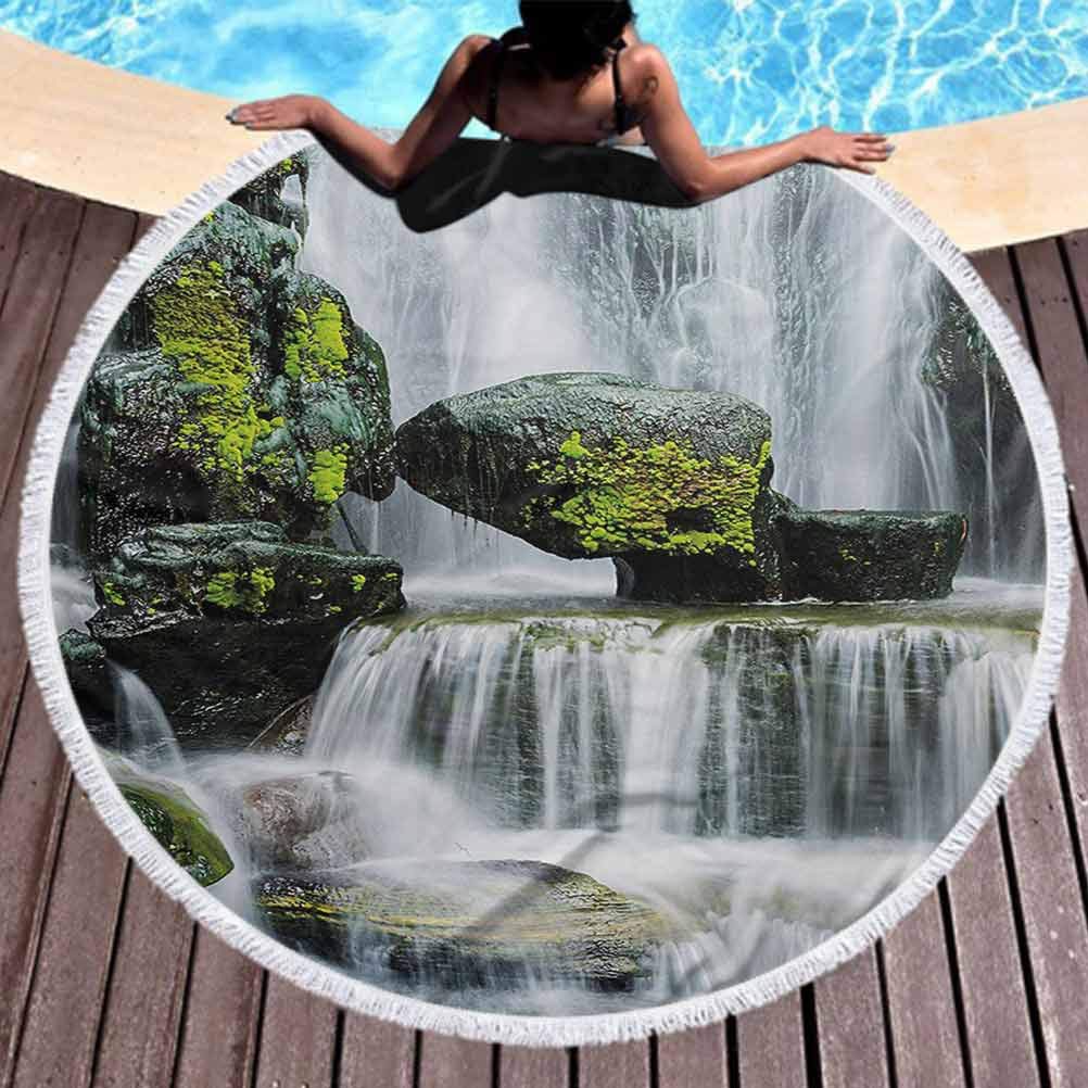 prunushome Round Beach Towel Waterfall Popular Handicrafts Beach Towel Majestic Waterfall Blocked with Massive Rocks with Moss on Them Photo Towels Blanket for Travel Pool Swimming Bat (Diameter 59")
