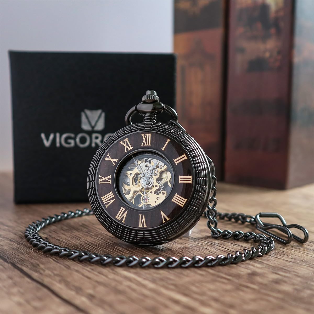 VIGOROSO Reloj de bolsillo mecánico para hombre, estilo vintage, steampunk, diseño hueco de grano de madera, con cadena y caja