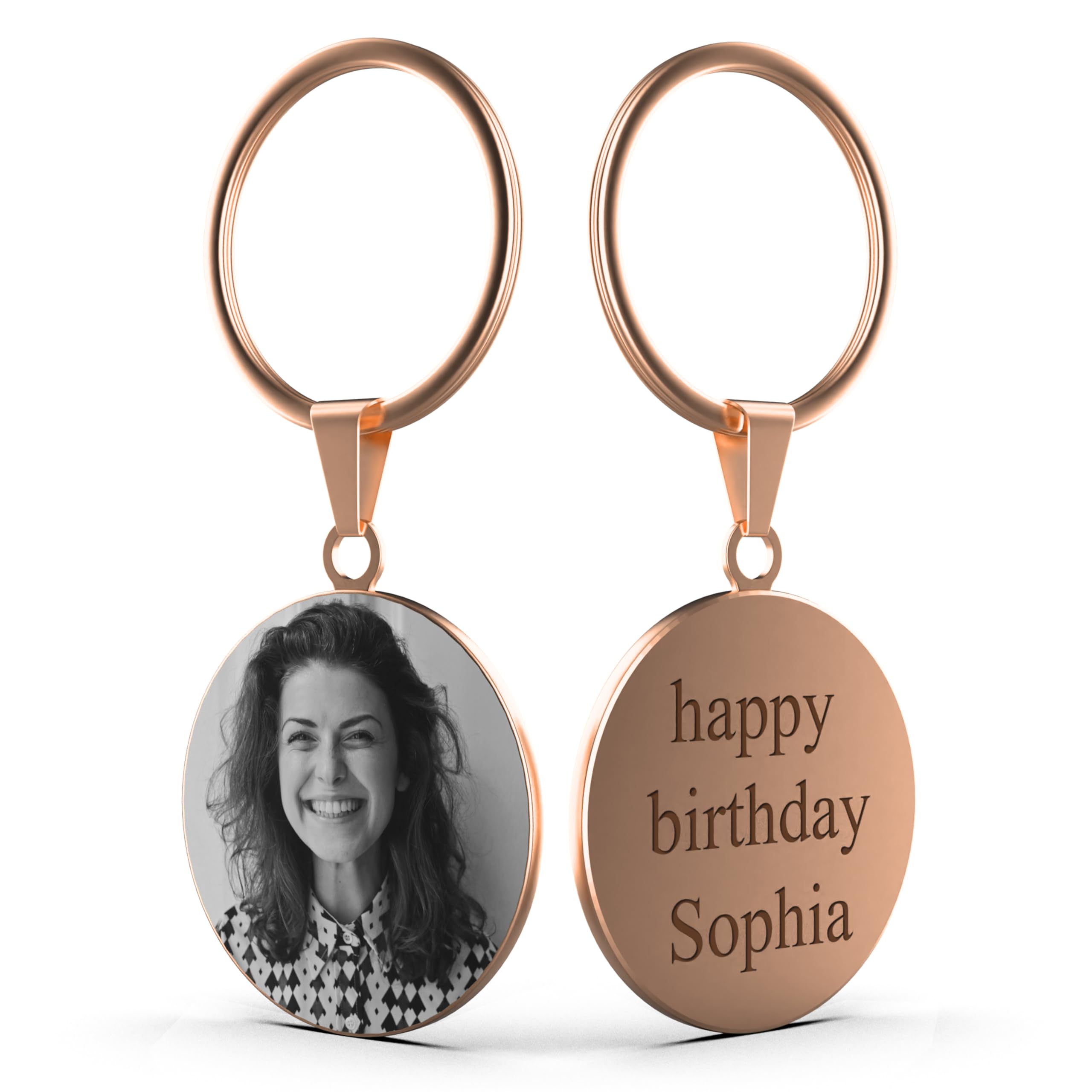 Charmify Personalised Photo Keyring – Custom Engraved Metal Keychain with Double-Sided Picture & Name – Keepsake Gift for Anniversary Birthday Valentines Gifts Christmas – Key Ring (Rose Gold)