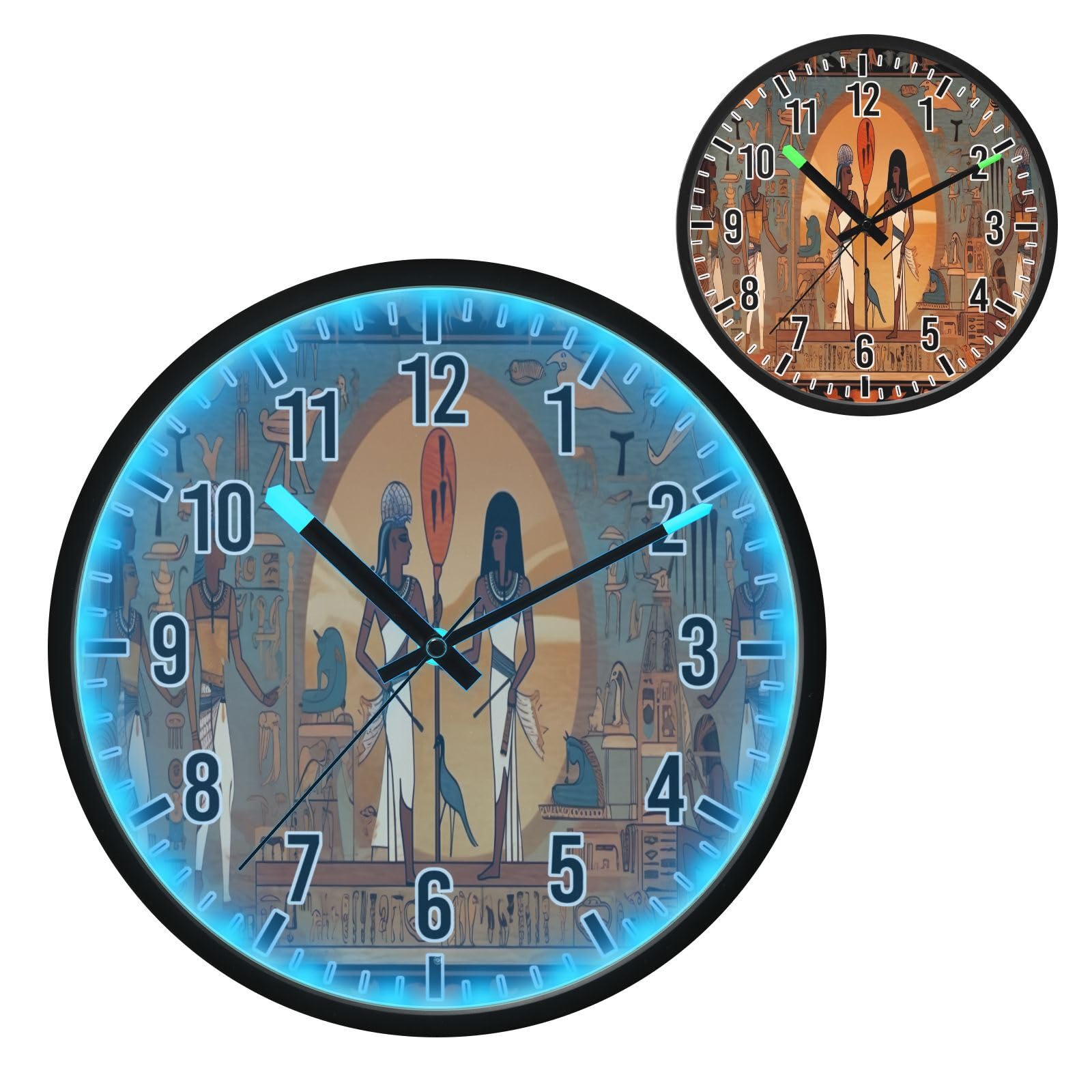 Blueangle Glow-in-Dark & Voice Activated LED Night Light Wall Clock, Silent 12 Inch Egyptian Gods Pharaohs Design Battery Operated for Bedroom & Living Room Decor（25）