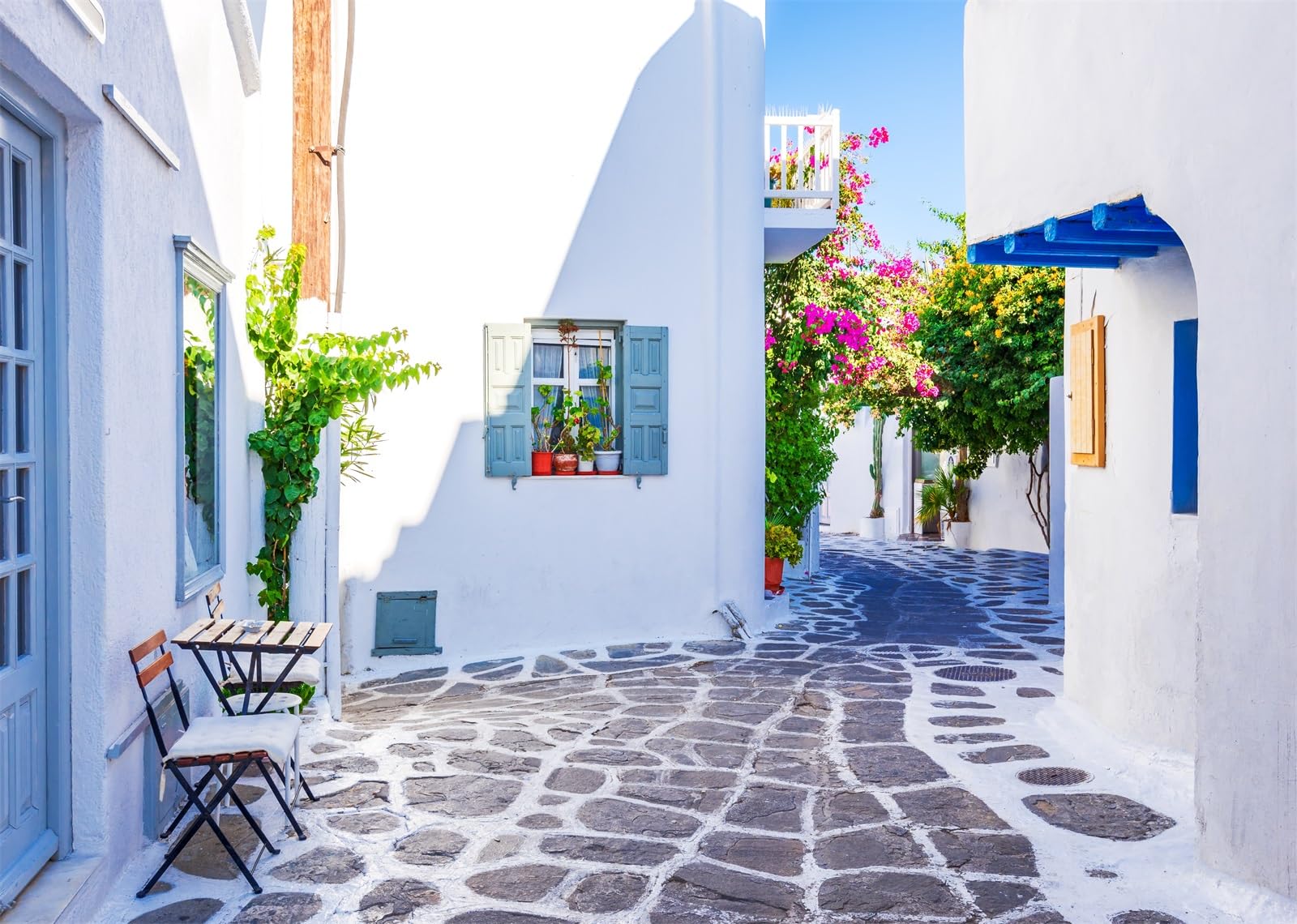 CORFOTO 7x5ft Fabric Greece Backdrop for Photography Famous Greek Island Whitewashed Dotted Alley Old Town Street Background for Europe Themed Party