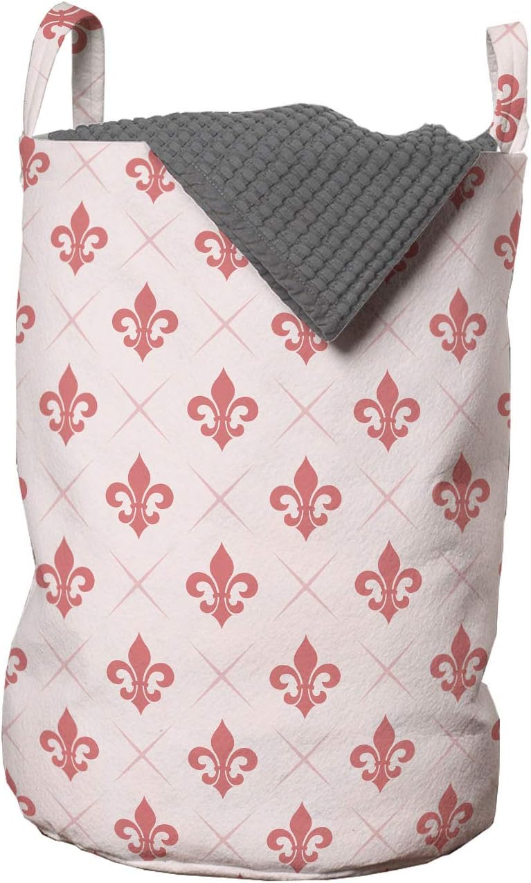 Ambesonne Coral Laundry Bag, Checkered Pattern with of Fleur De Lis Royal French Lily Flower, Hamper Basket with Handles Drawstring Closure for Laundromats, 13" x 19", Pale Pink Coral