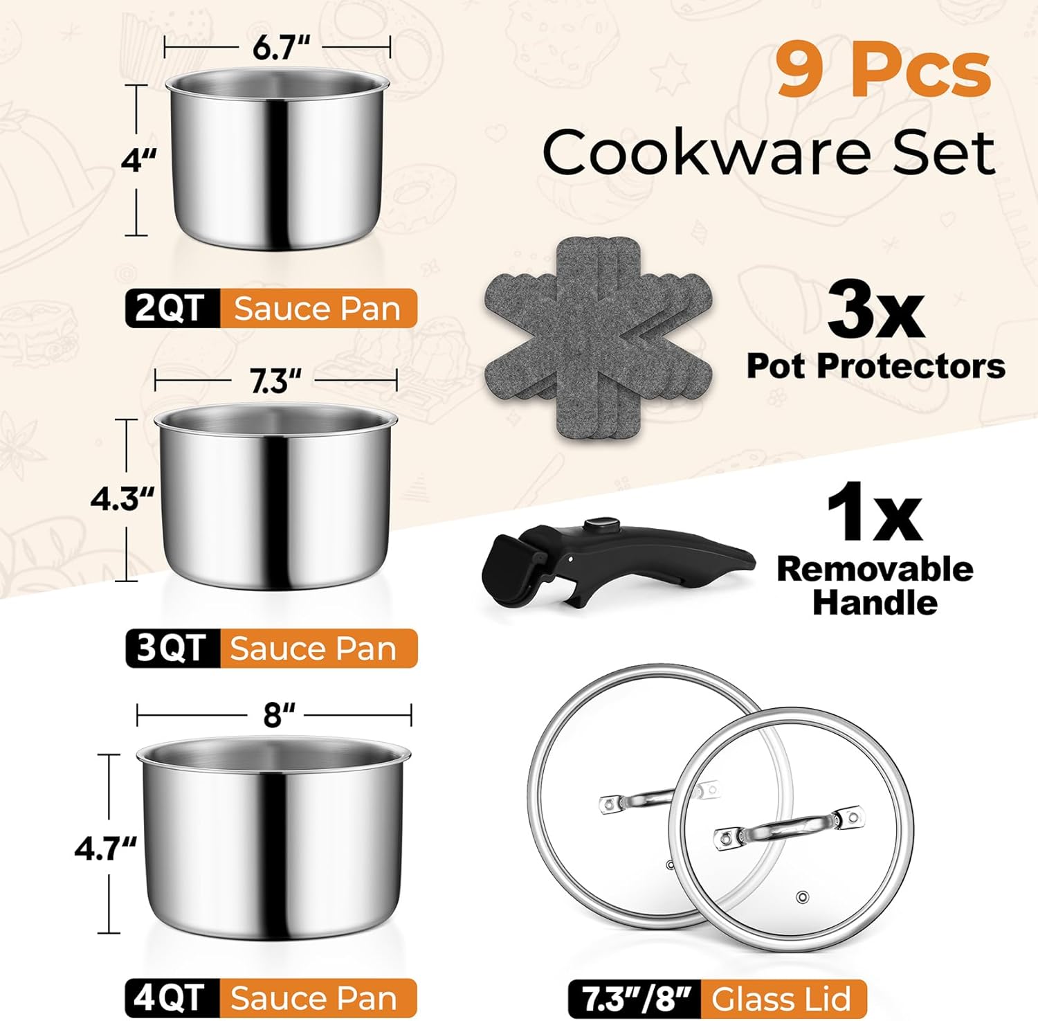 P&P CHEF Tri-Ply Stainless Steel Cookware Set of 3 with Removable Handle, 9-Pieces Pots and Pans Set, Induction 2Qt Saucepan, 3Qt Small Pot & 4Qt Cooking Pot, Oven & RV Safe to 500℉, Dishwasher Safe