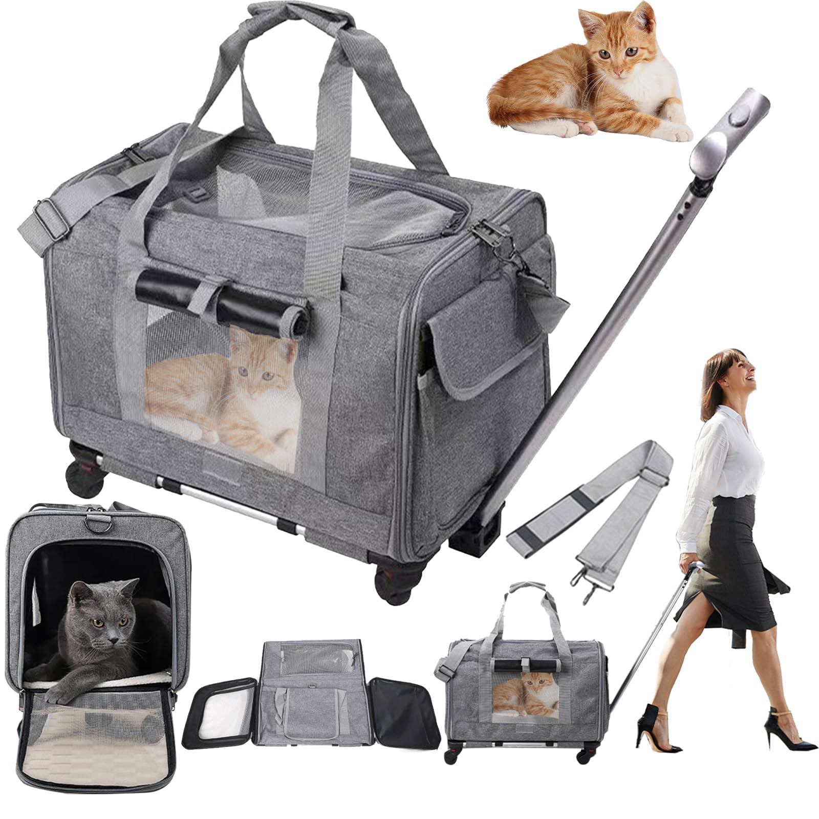 Transportín para gatos y perros, 48x40x32 cm, bolsa con asa telescópica, contenedor plegable para 1-2 animales de hasta 13,5 kg, con ruedas