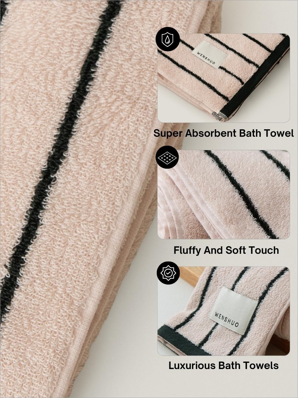 WENSHUO Acorn & Ink-Pure Cotton Striped Bath Towel,100% Combed Cotton,Luxury Shower Towel,Super Absorbent(Pack of 1) (55.12" L × 27.56" W) - Image 3