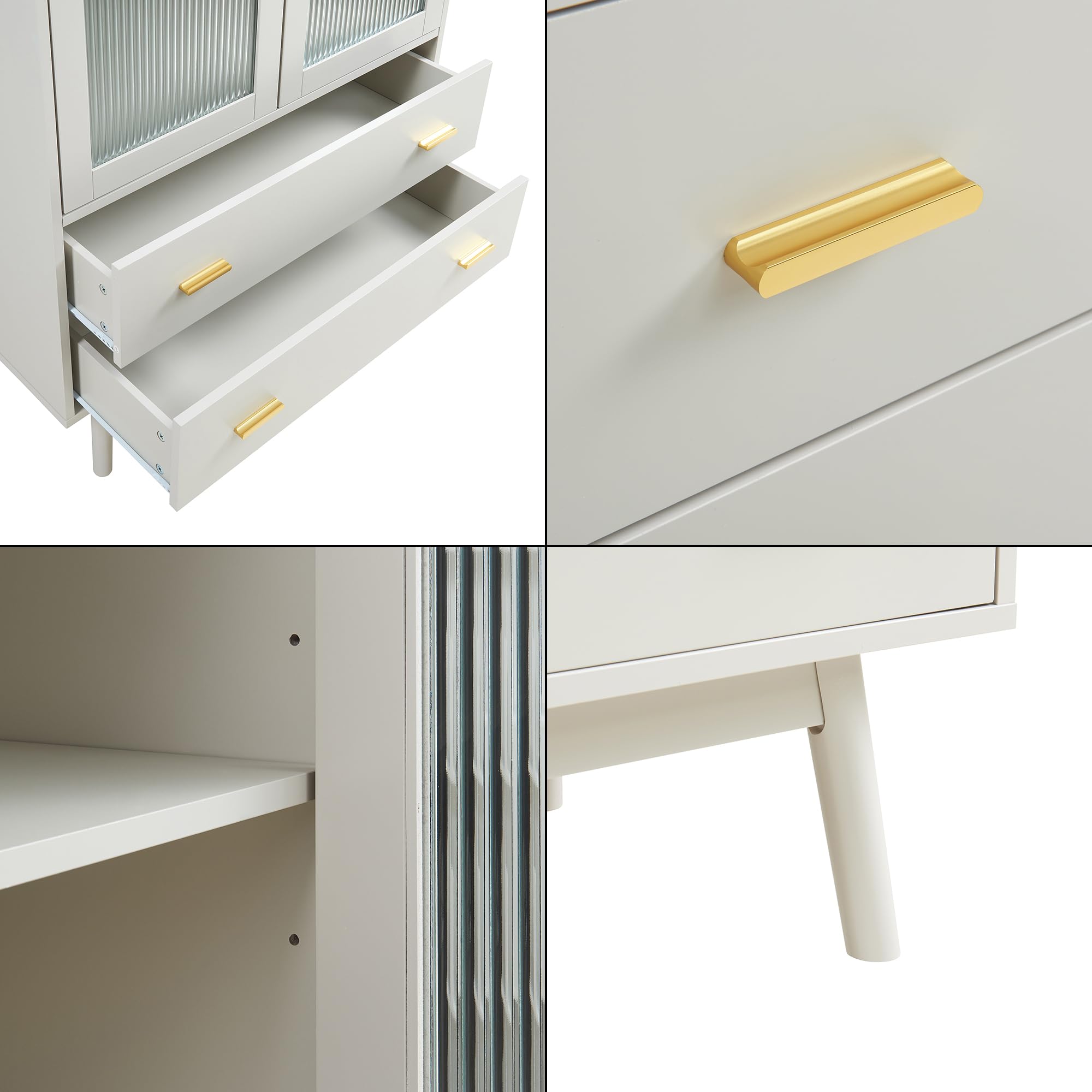 [en.casa] Credenza con Vetrina Armadietto con Ante in Vetro Scanalato e 2 Cassetti Madia per Cucina Soggiorno Sala Pranzo 120x80x40 cm Beige