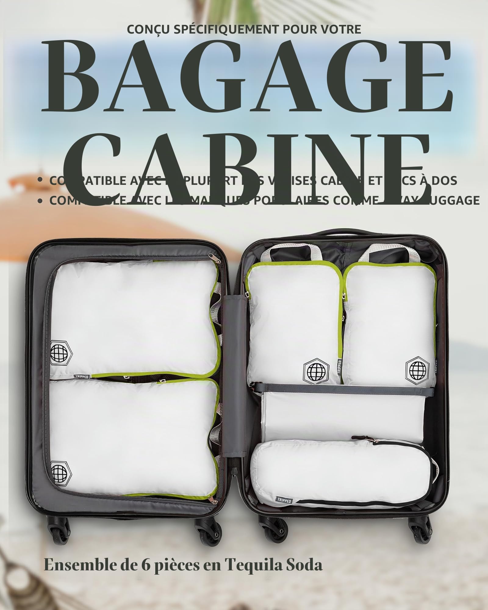TRIPPED Travel Gear Compression d’emballage Cubes 6 pces pour sacs organisateur des bagages à main Durable voyage léger avec Double fermeture à glissière (blanc et vert)