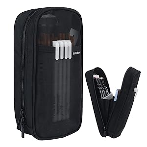 Fmeida Grid Mesh Pencil Case - Upgraded 4 Compartment Pencil Pouch, Clear Adult Pencil Bag Aesthetic Marker Pouch Stationary Bag Office Organizer for College Business Travel - Black