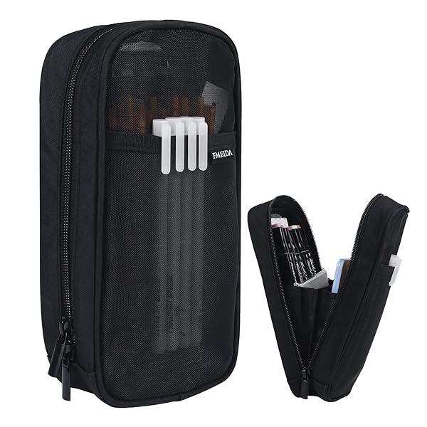 Fmeida Grid Mesh Pencil Case - Upgraded 4 Compartment Pencil Pouch, Clear Adult Pencil Bag Aesthetic Marker Pouch Stationary Bag Office Organizer for College Business Travel - Black